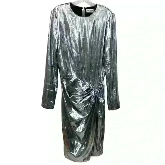 Saint Laurent Womens Silver Draped Waist Faux Wrap Metallic Silk Dress FR 40 - Picture 1 of 16